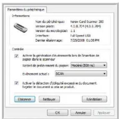 Paramètres du périphérique Informations Nom du périphérique: Verizon Card Scanner 200 Version plate: 4.0.8.704 (4.0.8.704) Version du micrologiciel: 1.1 Interface: Full Speed USB Dernier étabonnage: 7/25/2008 01:36 PM Contrôle ✓ Activer la génération dévénements lors de l'insertion de papier dans le scannour Ratord de prélèvement du papier: Modéré (500 ms) Événement actuel : SCAN ✓ Activer la détection d'obliquité excessive du document. Reğer le document si cela se produit. Étabonner Nettoyer Reinitéquer OK Annuler Aplicier