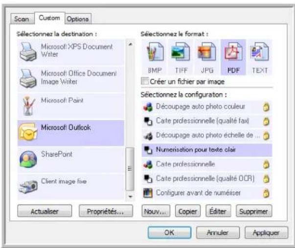 Scan Custom Options Sélectionnez la destination : Microsoft XPS Document Writer Microsoft Office Document Image Writer Microsoft Paint Microsoft Outlook SharePoint Client image fixe Actualiser Propriétés... M1 Sélectionnez le format : BMP TIFF JPG PDF TEXT Créer un fichier par image Sélectionnez la configuraton : Découpage auto photo couleur Cate professionnelle (qualité fax) Découpage auto photo échelle de ... Numerisation pour texte clair Cate professionnelle Cate professionnelle (qualité OCR) Configurer avant de numéiser Nouv... Copier Éditer Supprimer OK Annuler Appliquer