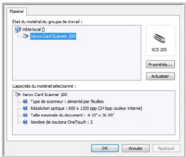 Matériel État du matériel du groupe de travail : Hôte local () Xerox Card Scanner 200 XCS 200 Propriétés... Actualiser Capacités du matériel sélectionné : Xerox Card Scanner 200 Type de scanneur : alimenté par feuilles Résolution optique : 600 x 1200 ppp (24 bpp couleur interne) Taille maximale du document : 4.13" x 36.00" Nombre de boutons OneTouch : 2 OK Annuler Appliquer