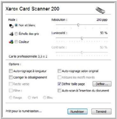 Xerox Card Scanner 200 Mode : Noir et blanc Échelle des gris Couleur Résolution : 200 ppp Luminosité : 50 % Contraste : 50 % Carte professionnelle 3,5 x 2 Options : Auto-rognage à longueur Corriger le désalignement Recto verso Filtre : Rouge Vert Blau Auto-rognage selon original Réoure les motifs morés Définir taille page Définir... Auto-scan à l'insertion du document Prêt pour la numérisation... Numériser Terminé