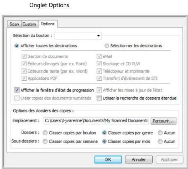 Onglet Options Scan Custom Options Sélection du bouton : Afficher toutes les destinations Sélectionner les destinations ✓ Gestion de documents ✓ eMail ✓ Éduteurs d'images (par ex. Paint) ✓ Stockage et CD-R/W ✓ Éduteurs de texte (par ex. Word) ✓ Télécopieur et Imprimante ✓ Applicatons PDF ✓ Transfert d'événement de STI Afficher la fenêtre d'état de progression ✓ Afficher les nises à jour de l'état créer copies des documents numénsés ✓ Utiliser la recherche de cossiers étendue Options des dossiers des copies : Emplacement : C:\Users\t-jvarenne\Documents\My Scanned Documents Parcourir... Dossiers : ○ Classer copies par bouton ○ Classer copies par genre ○ Aucun Sous-dossiers : ○ Classer copies par semaine ○ Classer copies par mois ○ Aucun OK Annuler Appliquer
