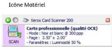 Icône Matériel Xerox Card Scanner 200 Carte professionnelle (qualité OCR) - Mode : Noir et blanc @ 300 ppp - Page : 3.50" x 2.00" - Paramètres : Luminosité 50 %