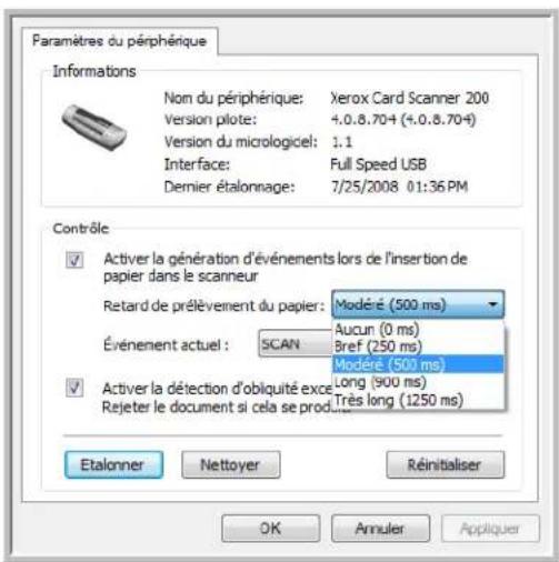 Paramètres du périphérique Informations Nom du périphérique: Xerox Card Scanner 200 Version pilote: 4.0.8.70+ (4.0.8.70+) Version du micrologiciel: 1.1 Interface: Full Speed USB Dernier étalonnage: 7/25/2008 01:36 PM Contrôle: ✓ Activer la génération d'événements lors de l'insertion de papier dans le scanneur Retard de prélèvement du papier: Modéré (500 ms) Événement actuel : SCAN Aucun (0 ms) Bref (250 ms) Modéré (500 ms) ✓ Activer la détection d'obliquité exception Long (900 ms) Rejeter le document si cela se produziés Très long (1250 ms) Etalonner Nettoyer Réinitialiser OK Annuler Appliquer