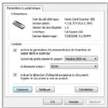 Paramètres du périphérique Informations Name du périphérique: Xenox Card Scanner 200 Version pilot: 4.0.8.704 (4.0.8.704) Version du micrologiciel: 1.1 Interface: Full Speed USB Daimler étabonnage: 7/25/2008 0:136 PM Contrôle ✓ Activer la génération d'évenements lors de l'insertion de papier dans le scamour Ratsard de prélèvement du papier: Modéré (500 ms) Événement actuel : SCAN ✓ Activer la détection d'obliquité excessive du document. Register le document si cela se produit. Étationer Nettoyer Reinstiquer OK Annuler Aplicuer