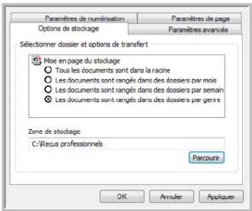 Paramètres de numérisation Paramètres de page Options de stockage Paramètres avancés Sélectionner dossier et options de transfert Mise en page du stockage Tous les documents sont dans la racine Les documents sont rangés dans des dossiers par mois Les documents sont rangés dans des dossiers par semain Les documents sont rangés dans des dossiers par genre Zone de stockage C:\Recus professionnels Parcourir OK Annuler Appliquer