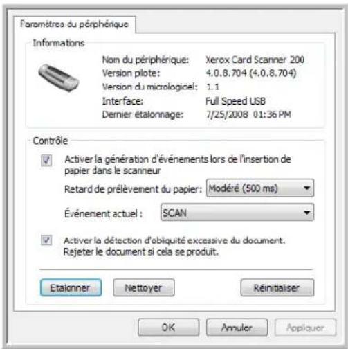 Paramètres du périphérique Informations Non du périphérique: Xerox Card Scanner 200 Version piste: 4.0.8.704 (4.0.8.704) Version du micrologiciel: 1.1 Interface: Full Speed USB Dernier étalonnage: 7/25/2008 01:36 PM Contrôle ✓ Activer la génération d'événements lors de l'insertion de papier dans le scanneur Retard de prélèvement du papier: Modéré (500 ms) Événement actuel : SCAN ✓ Activer la détection d'obiquité excessive du document. Rejeter le document si cela se produit. Etalonner Nettoyer Reinitialiser OK Annuler Appliquer