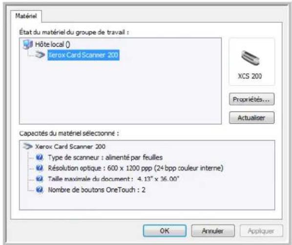 Matériel État du matériel du groupe de travail : Hôte local () Xerox Card Scanner 200 XCS 200 Propriétés... Actualiser Capacités du matériel sélectionné : Xerox Card Scanner 200 Type de scanneur : alimenté par feuilles Résolution optique : 600 x 1200 ppp (24 bpp couleur interne) Taille maximale du document : 4.13" x 36.00" Nombre de boutons OneTouch : 2 OK Annuler Appliquer