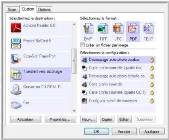 Scan Custom Options Sélectionnez la destination : Acrobat Reade 8.0 Prestol BizCard5 ScanSoft FapoPort Transfert vers stockage Graver sur CD-ROM E: Fax Actualer Propriétés... Nouv... Copier Éditer Supprimer Sélectionnez le format : BMP TIFF JPG PDF TEXT Créer un fichier par image Sélectionnez la configuration : Découpage auto photo coulser Carte professionnelle (qualité fax) Découpage auto photo échelle de ... Carte professionnelle Carte professionnelle (qualité CCR) Configurer avant de numéiser OK Annuler Apoliquer