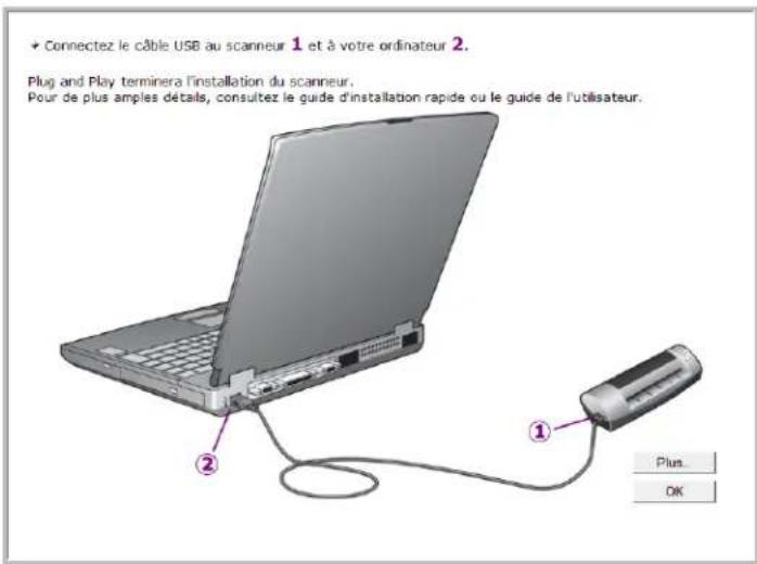 + Connectez le câble USB au scanneur 1 et à votre ordinateur 2. Plug and Play terminera l'installation du scanneur. Pour de plus amples détails, consultez le guide d'installation rapide ou le guide de l'utilisateur. Plus... OK