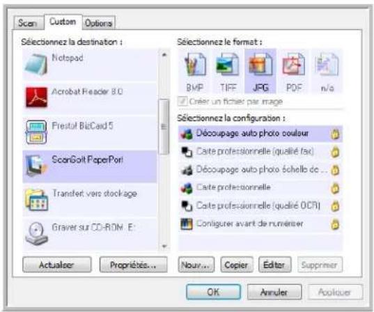 Scan Custom Options Sélectionnez la destination : Notepad Acrobat Reader 8.0 Frestol BigCard 5 ScanGolf PaperPort Transfert vero stockage Graver sur CD-ROM E: Actualer Propriétés... Nour... Copier Editor Supprimer Sélectionnez le format : BMP TIFF JPG PDF n/a Créer un fichier par image Sélectionnez la configuration : Découpage auto photo couleur Cate professionnelle (qualifié fax) Découpage auto photo échelle de ... Cate professionnelle Cate professionnelle (qualifié OCR) Configurer avant de numériser OK Annuler Appliquer
