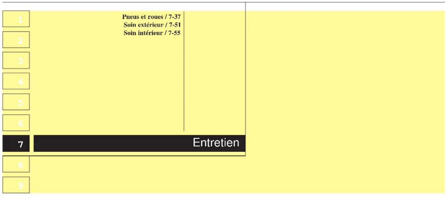 | Row | Value | |---|---| | 1 | Pneus et roues / 7-37 Soin extérieur / 7-51 Soin intérieur / 7-55 | | 2 | | | 3 | | | 4 | | | 5 | | | 6 | | | 7 | Entretien | | 8 | | | 9 | |