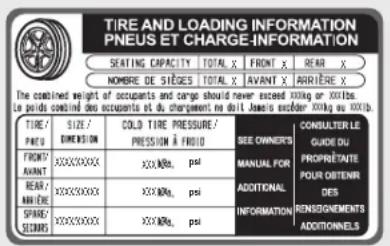 TIRE AND LOADING INFORMATION PNEUS ET CHARGE INFORMATION SEATING CAPACITY TOTAL X FRONT X REAR X NOMBRE DE SIÈGES TOTAL X AVANT X ARRIÈRE X The combined weight of occupants and charge should never exceed 100kg or XXlbs. Le poids total de tous occupants et du chargement ne doit jamais excéder XXkg ou…