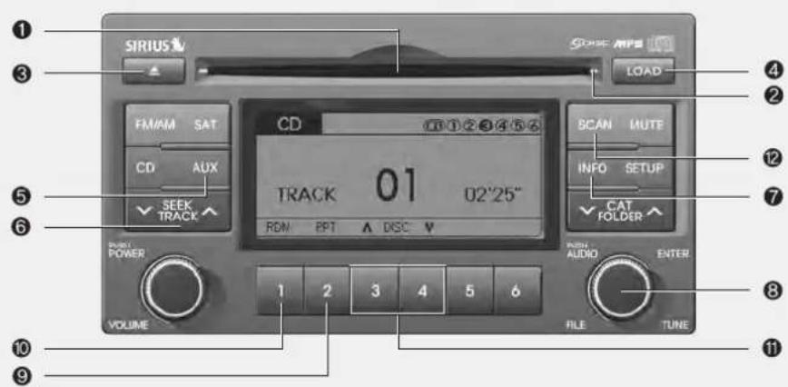 SIRIUS LOAD FM/AM SAT CD AUX SEEK TRACK TRACK 01 02'25" RDM BPT DISC SCAN MUTE INFO SETUP CAT FOLDER POWER VOLUME 1 2 3 4 5 6 RICH AUDIO ENTER FILE TUNE 10 9
