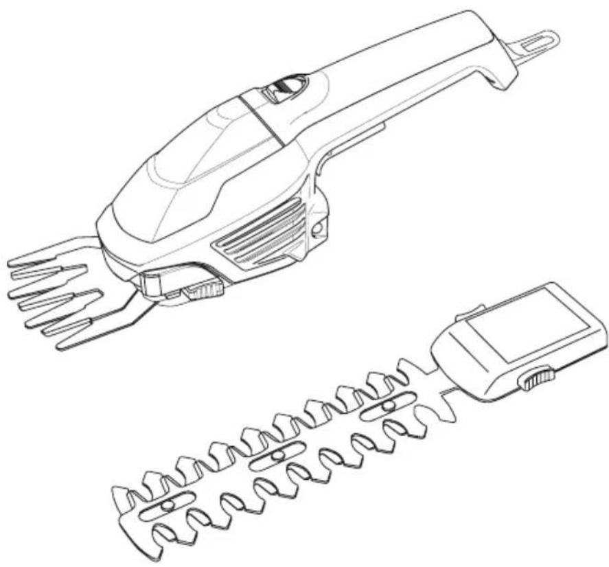 Technical line drawing of a hair clip and a pair of hair tools.