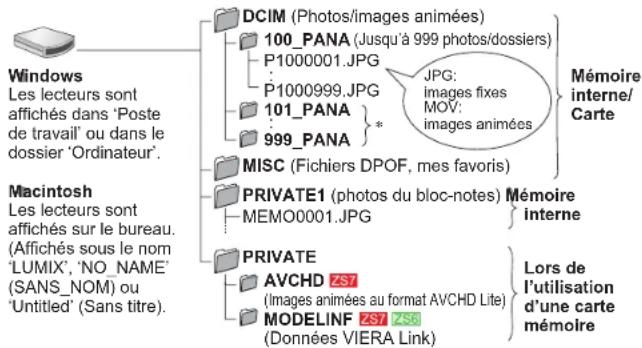 Windows : les lecteurs sont affichés dans 'Poste de travail' ou dans le dossier 'Ordinateur'. DCIM (Photos/images animées) : 100_PANA (jusqu'à 999 photos/dossiers), P1000001.JPG, P1000999.JPG, 101_PANA, 999_PANA. MISC (Fichiers DPOF, mes favoris). Macintosh : les lecteurs sont affichés sur le bureau…