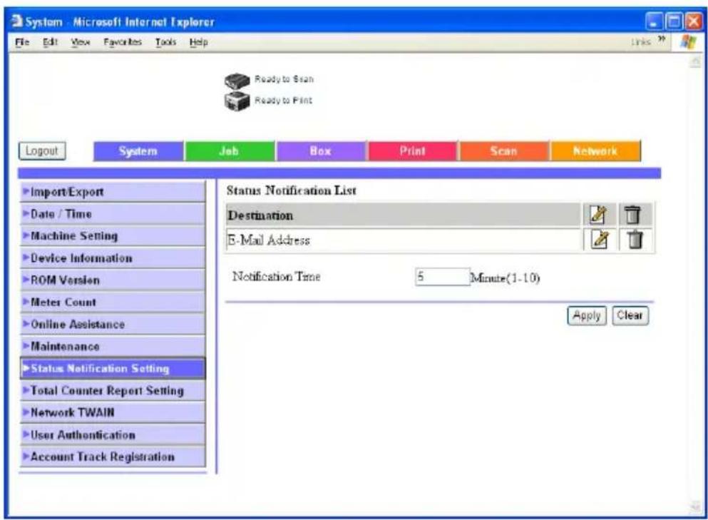 System - Microsoft Internet Explorer File Edit View Favorites Tools Help Ready to Scan Ready to Print Logout System Job Box Print Scan Network Import/Export Date / Time Machine Setting Device Information ROM Version Meter Count Online Assistance Maintenance Status Notification Setting Total Counter Report Setting Network TWAIN User Authentication Account Track Registration Status Notification List Destination E-Mail Address Notification Time 5 Minute(1-10) Apply Clear