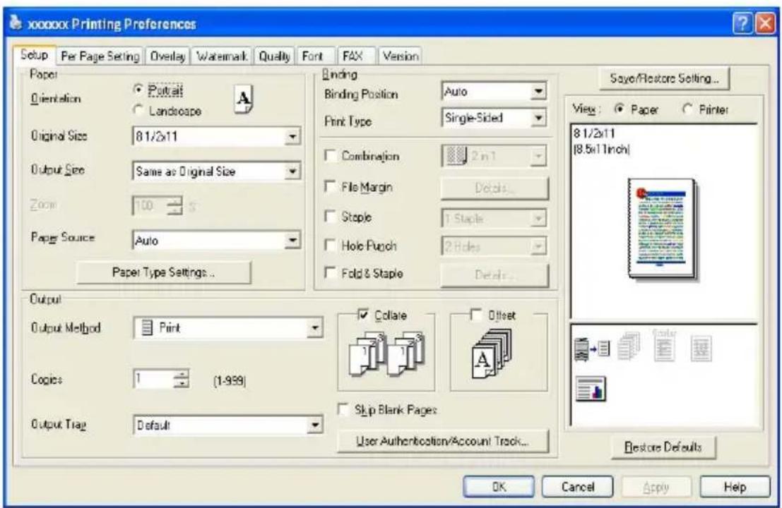 xooxxx Printing Preferences Setup Per Page Setting Overlay Washmark Quality Font FAX Version Paper Orientation ● Poutset ○ Landscape A Original Size 81/2x11 Output Size Same as Original Size Zoom 100 S Paper Source Auto Paper Type Settings... Binding Binding Position Auto Print Type Single-Sided Combination 2 in 1 File Margin Details... Staple 1 Staple Hole Punch 2 Holes Fold & Staple Details... Output Output Method Print Copies 1 (1-999) Output Trap Default Coliate Offset Skip Blank Pages User Authentication/Account Track... Sayer/Restore Setting... View: ○ Paper ○ Printer 81/2x11 [8.5x11inch] Restore Defaults OK Cancel Apply Help