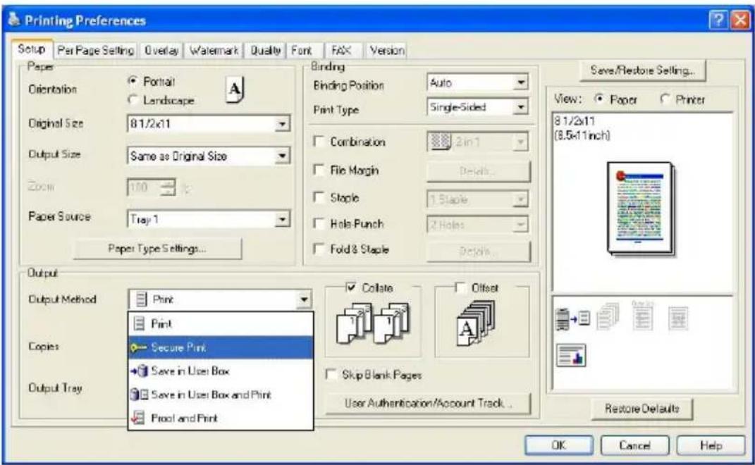 Printing Preferences Setup Per Page Setting Overlay Watermark Quality Font FAX Version Paper Orientation ● Portrait ○ Landscape A Original Size 81/2x11 Output Size Same as Original Size Zoom 100 Paper Source Tray 1 Paper Type Settings... Binding Binding Position Auto Print Type Single-Sided Combination 2 in 1 File Margin Details... Staple 1 Staple Halo Punch 2 Holes Fold & Staple Details... Save/Restore Settings... View: ○ Paper ○ Printer 81/2x11 (8.5x11inch) Output Output Method Print Copies Secure Print Save in User Box Save in User Box and Print Print and Print Collate Offset Skip Blank Pages User Authentication/Account Track... Restore Defaults OK Cancel Help