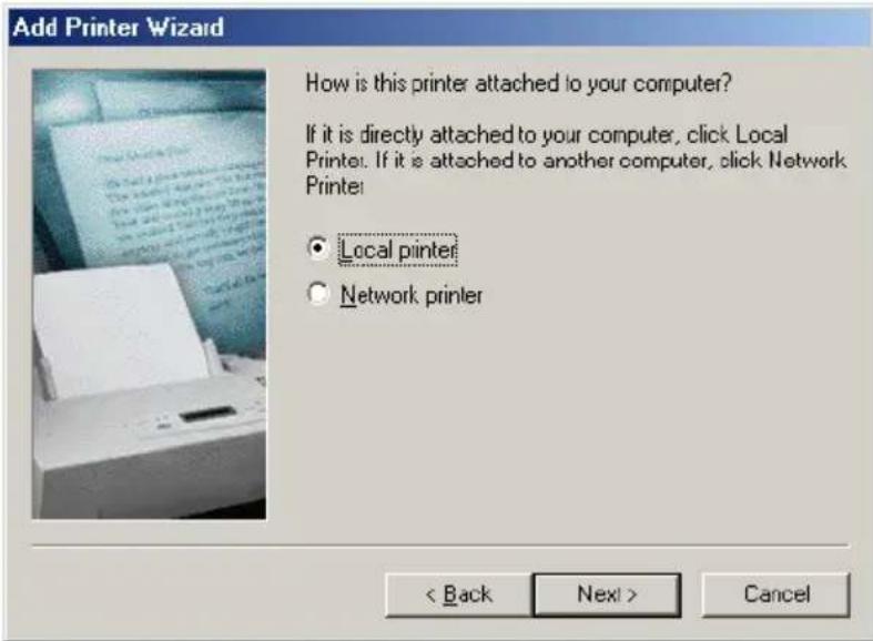Add Printer Wizard How is this printer attached to your computer? If it is directly attached to your computer, click Local Printer. If it is attached to another computer, click Network Printer: ● Local printer ○ Network printer < Back Next > Cancel