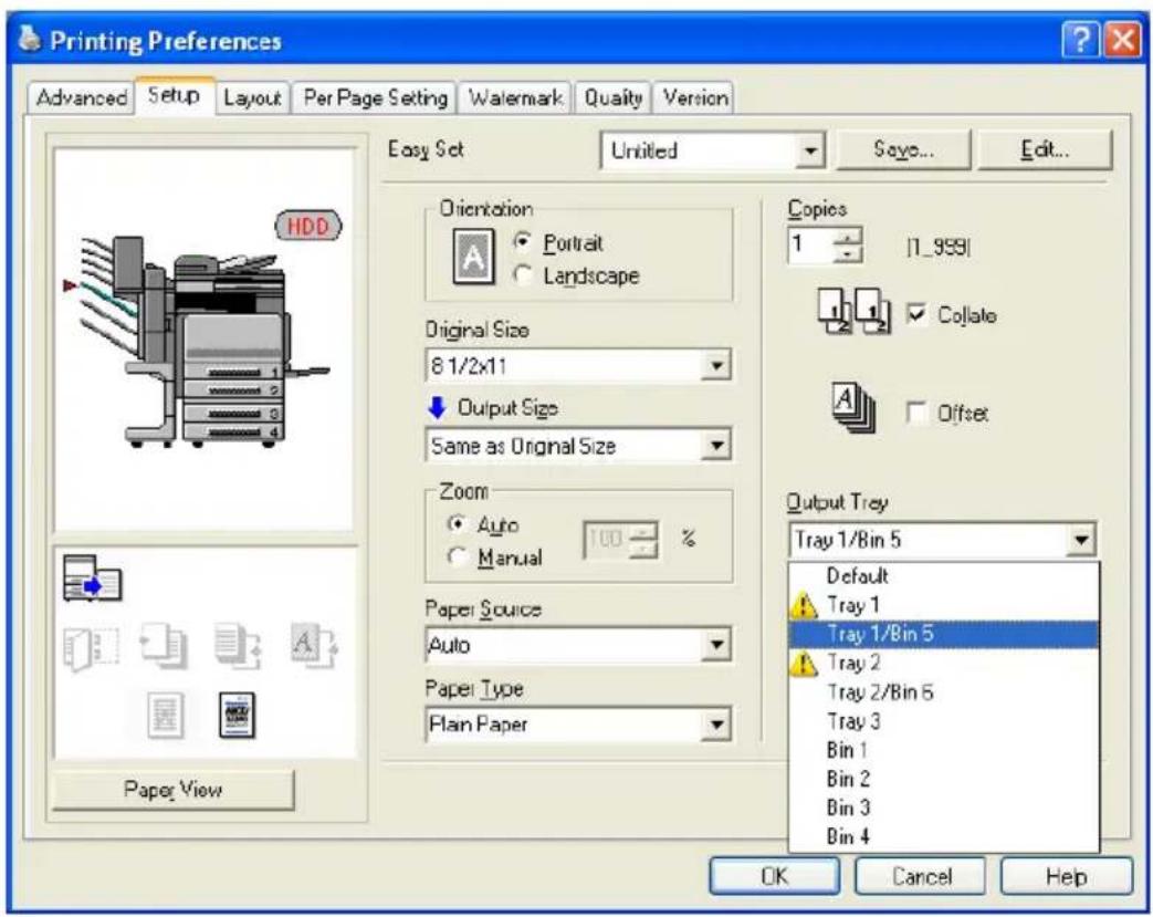 Printing Preferences Advanced Setup Layout Per Page Setting Watermark Quality Version Easy Set Untitled Sayo Edit... Orientation Portrait Landscape Original Size 8 1/2x11 Output Size Same as Original Size Zoom Auto Manual Paper Source Auto Paper Type Plain Paper Copies 1 [1_999] Collate Offset Output Tray Tray 1/Bin 5 Default Tray 1 Tray 1/Bin 5 Tray 2 Tray 2/Bin 5 Tray 3 Bin 1 Bin 2 Bin 3 Bin 4 OK Cancel Help