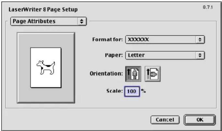 LaserWriter 8 Page Setup Page Attributes Format for: XXXXXX Paper: Letter Orientation: Scale: 100 % Cancel OK