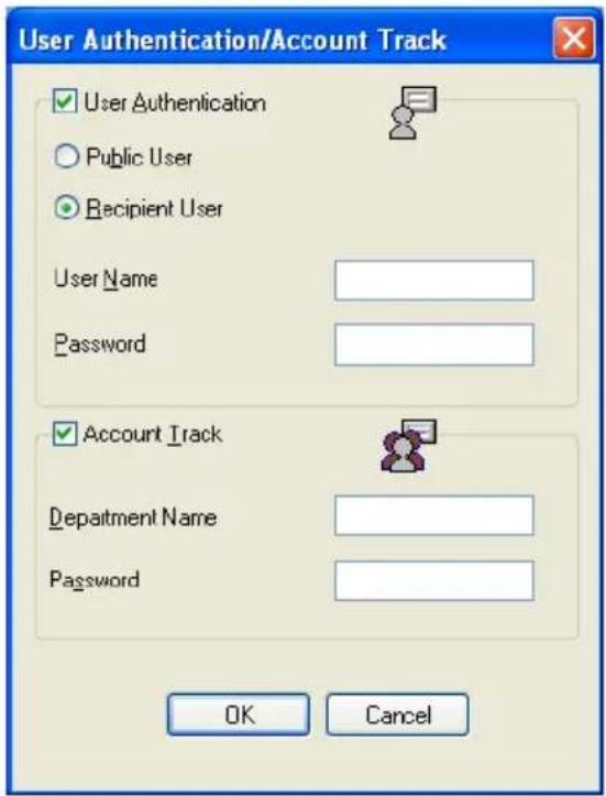 User Authentication/Account Track User Authentication Public User Recipient User User Name Password Account Track Department Name Password OK Cancel