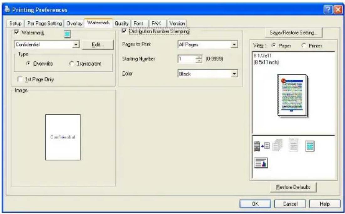 Printing Preferences Setup Par Page Setting Overlay Watemark Quality Font FAX Version Watermark Confidential Edit... Type ○ Overwrite ○ Transparent □ 1st Page Only Image Confidential Distribution Number Stamping Pages to Print All Pages Starting Number 1 [0.9999] Color Block Save/Restore Setting... View: ○ Paper ○ Printer 8 1/2x11 [8.5x11 inch] Restore Defaults OK Cancel Help