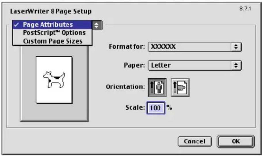 LaserWriter 8 Page Setup Page Attributes PostScript™ Options Custom Page Sizes Format for: XXXXXX Paper: Letter Orientation: Scale: 100 % Cancel OK