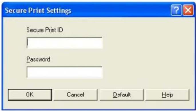 Secure Print Settings Secure Print ID Password OK Cancel Default Hop