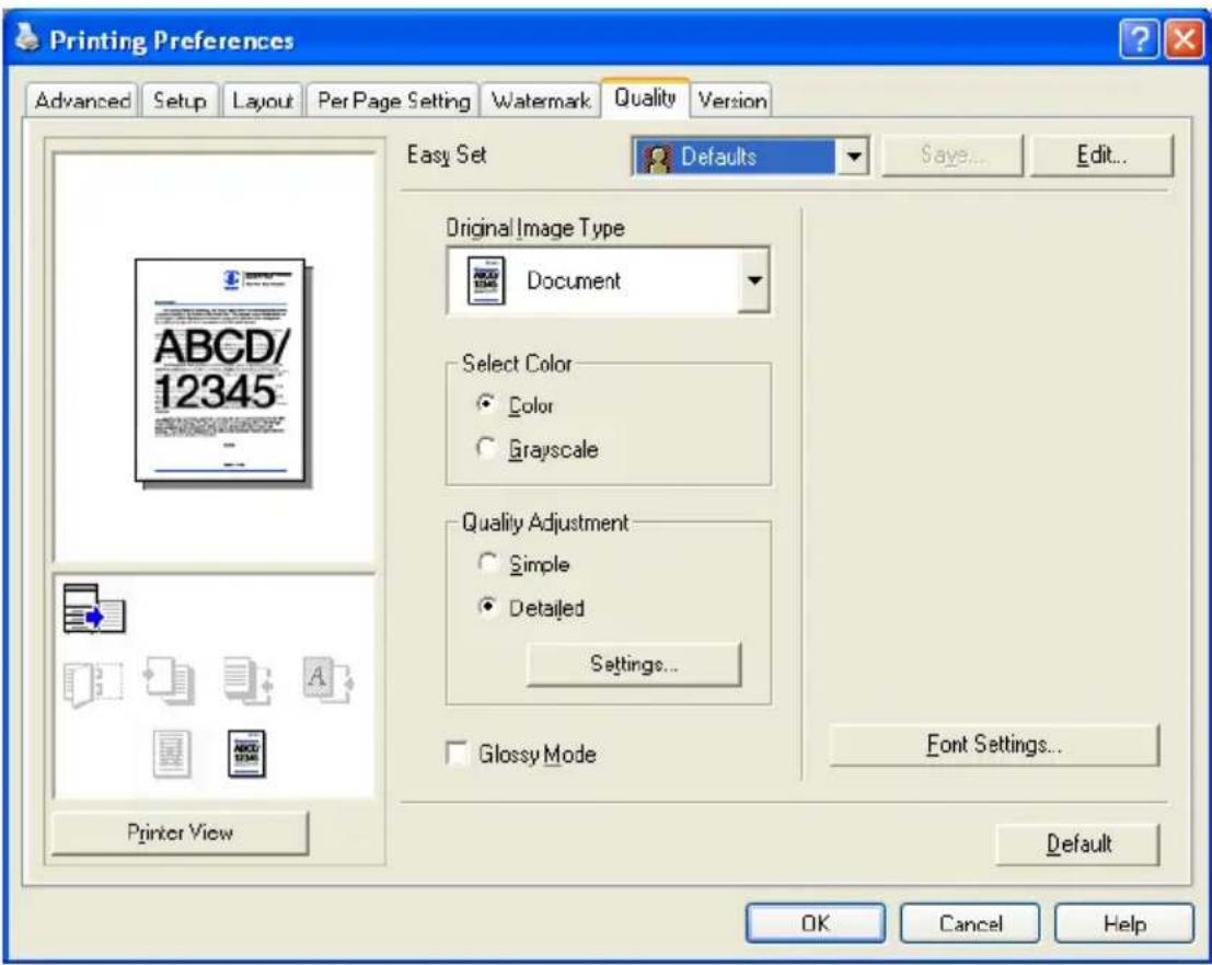Printing Preferences Advanced Setup Layout Per Page Setting Watermark Quality Version Easy Set Defaults Save... Edit... Original Image Type Document Select Color Color Grayscale Quality Adjustment Simple Detailed Settings... Glossy Mode Printer View Font Settings... Default OK Cancel Help