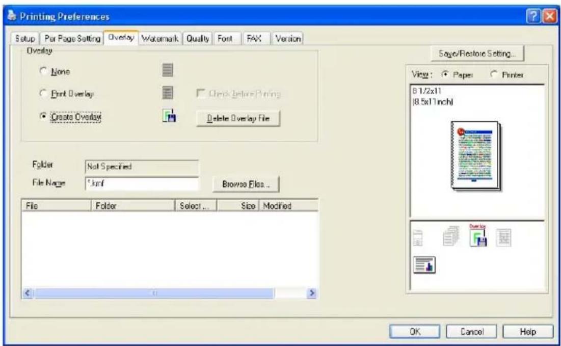 Printing Preferences Setup Par Page Setting Overlay Watemark Quality Font FAX Version Overlay None Print Overlay Check before Printing Create Overlay Delete Overlay File Folder Not Specified File Name *.kmf Browse Files... File Folder Select... Size Modified OK Cancel Help Save/Restore Setting... View: Paper Printer 8 1/2x11 [8.5x11 inch]