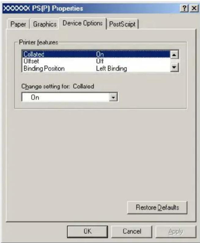 XXXXXX PS(P) Properties Paper Graphics Device Options PostScript Printer features Collated On Offset Off Binding Position Left Binding Change setting for: Collated On Restore Defaults OK Cancel Apply
