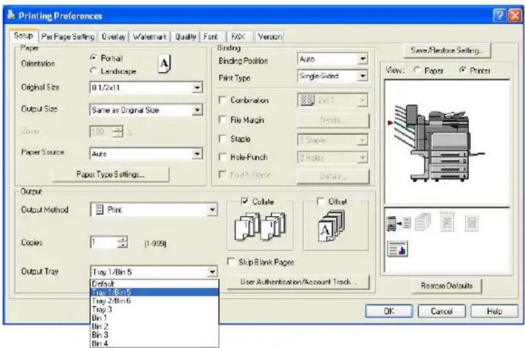 Printing Preferences Setup Per Page Setting Overlay Waemark Quality Font FAX Version Paper Orientation ● Portal ○ Landscape A Original Size 81/2x11 Output Size Same as Original Size Zoom 100 Paper Source Auto Paper Type Settings... Binding Binding Position Auto Print Type Single-Sided Combination 2in1 File Margin Details... Staple 1 Staple Hole-Punch 2 Holes Fold & Stroke Default... Save/Restore Selling... View: ○ Paper ○ Printer Output Output Method ■ Print Copies 1 (1-999) Output Tray Tray 1/Bin 5 Default Tray 1/Bin 5 Tray 2/Bin 6 Tray 3 Bin 1 Bin 2 Bin 3 Bin 4 Offset Skip Blank Pages User Authentication/Account Track... Restore Defaults OK Cancel Help