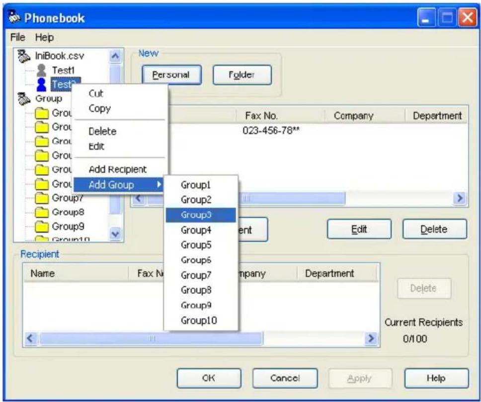 Phonebook File Help IniBook.csv Test1 Test2 Cut Copy Delete Edit Add Recipient Add Group Group1 Group2 Group3 Group4 Group5 Group6 Group7 Group8 Group9 Group10 Edit Delete Recipient Name Fax No Company Department Delete Current Recipients 0/100 OK Cancel Apply Help
