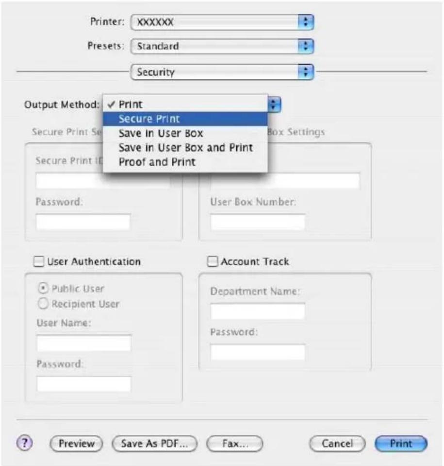 Printer: XXXXXX Presets: Standard Security Output Method: ✓ Print Secure Print Save in User Box Save in User Box and Print Proof and Print Secure Print Set Box Settings Secure Print ID Password: User Box Number: User Authentication Public User Recipient User User Name: Password: Account Track Department Name: Password: Preview Save As PDF... Fax... Cancel Print