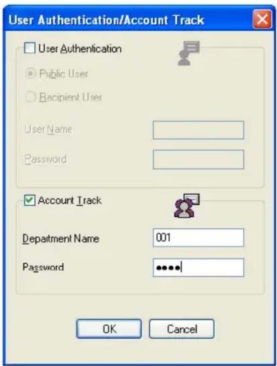 User Authentication/Account Track User Authentication Public User Recipient User User Name Password Account Track Department Name 001 Password OK Cancel