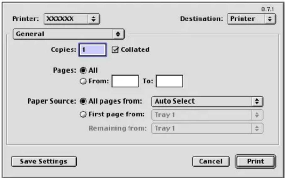 Printer: XXXXXX General Copies: 1 Collated Pages: All From: To: Paper Source: All pages from: Auto Select First page from: Tray 1 Remaining from: Tray 1 Save Settings Cancel Print Destination: Printer 8.7.1