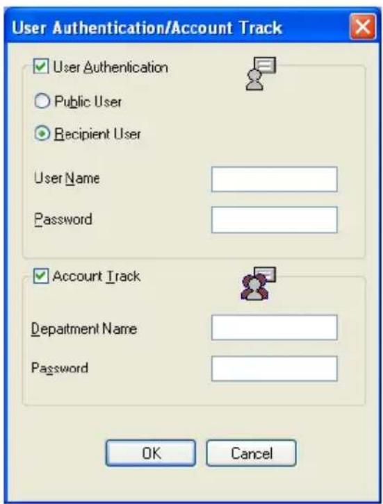 User Authentication/Account Track User Authentication Public User Recipient User User Name Password Account Track Department Name Password OK Cancel