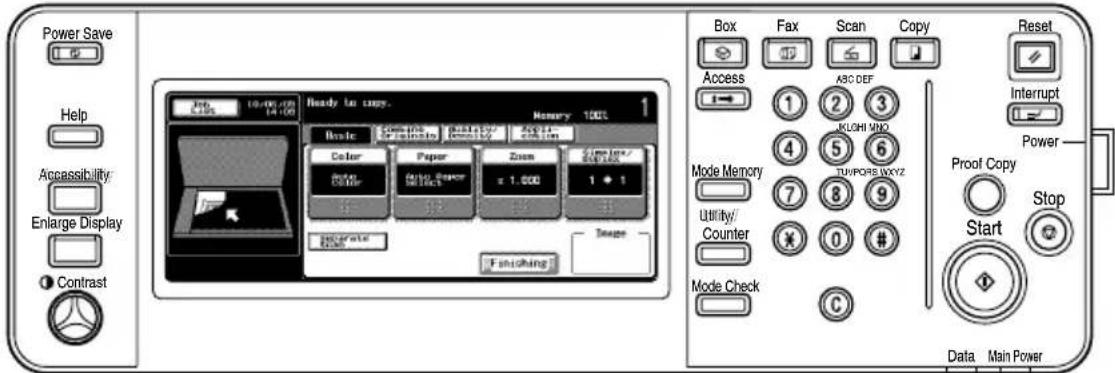 Power Save Help Accessibility Enlarge Display Contrast 10-00-00 14-00 Ready to copy. Memory 100% Basic Color Paper Zoom Size/Inner Size/Inner Size/Inner Image Falloching Box Fax Scan Copy Reset Access ABC DEF 1 2 3 KUOHI MNO 4 5 6 TUIPOORS WXYZ 7 8 9 Utility/ Counter 0 # Mode Check C Proof Copy Stop Start Data Main Power