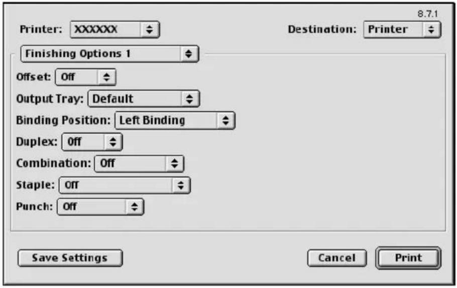 Printer: XXXXXX Finishing Options 1 Offset: Off Output Tray: Default Binding Position: Left Binding Duplex: Off Combination: Off Staple: Off Punch: Off 8.7.1 Destination: Printer Save Settings Cancel Print
