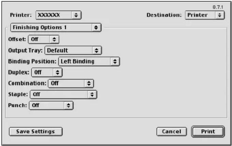 Printer: XXXXXX Finishing Options 1 Offset: Off Output Tray: Default Binding Position: Left Binding Duplex: Off Combination: Off Staple: Off Punch: Off 8.7.1 Destination: Printer Save Settings Cancel Print