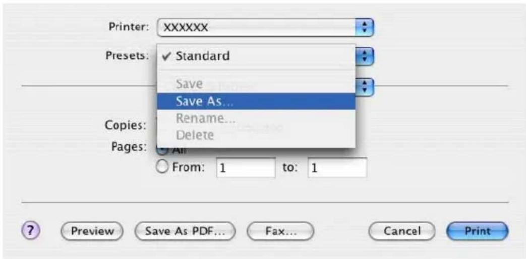 Printer: XXXXXX Presets: ✓ Standard Save Save As... Rename... Delete Copies: Pages: All From: 1 to: 1 Preview Save As PDF... Fax... Cancel Print