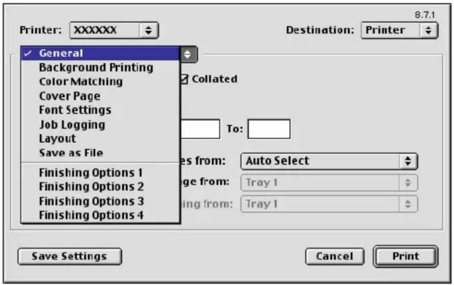 Printer: XXXXXX General Background Printing Color Matching Cover Page Font Settings Job Logging Layout Save as File Finishing Options 1 Finishing Options 2 Finishing Options 3 Finishing Options 4 Destination: Printer Collated To: Auto Select Tray 1 Tray 1 Save Settings Cancel Print