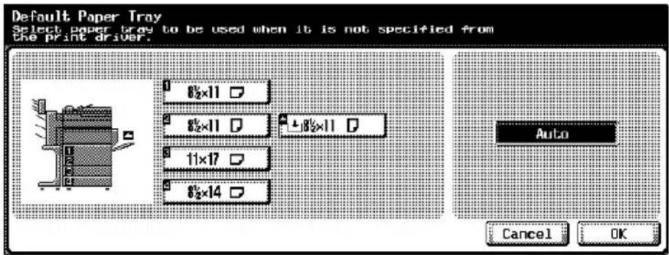 Default Paper Tray Select paper tray to be used when it is not specified from the print driver. 8½×11 8½×11 4½×11 11×17 8½×14 Auto Cancel OK
