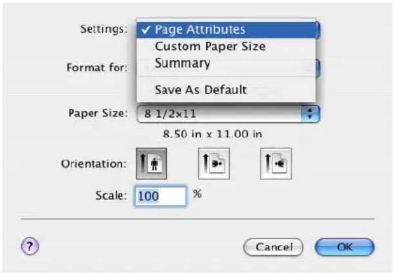 Settings: ✓ Page Attributes Custom Paper Size Summary Save As Default Format for: Paper Size: 8 1/2x11 8.50 in x 11.00 in Orientation: Scale: 100 %