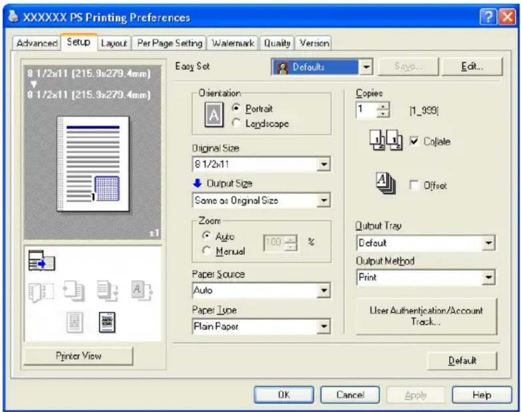 XXXXXX PS Printing Preferences Advanced Setup Layout Per Page Setting Watermark Quality Version 8 1/2x11 [215.9x279.4mm] 0 1/2x11 [215.9x279.4mm] Easy Set Defaults Says Edit... Orientation Portrait Landscape Original Size 8 1/2x11 Output Size Same as Original Size Zoom Auto Manual 100 % Paper Source Auto Paper Type Plain Paper Copies 1 : [1_999] Collate Offset Output Tray Default Output Method Print User Authentication/Account Track... Printer View OK Cancel Apply Help