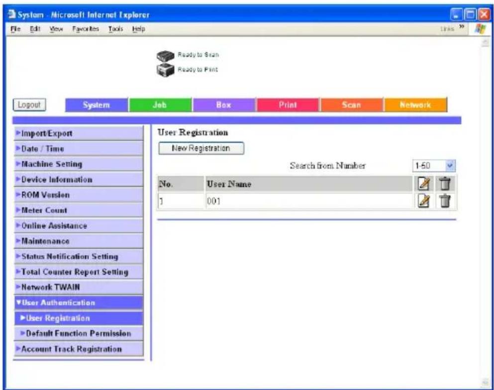 System - Microsoft Internet Explorer File Edit View Favorites Tools Help Ready to Scan Ready to Print Logout System Job Box Print Scan Network Import/Export Date / Time Machine Setting Device Information ROM Version Meter Count Online Assistance Maintenance Status Notification Setting Total Counter Report Setting Network TWAIN User Authentication User Registration Default Function Permission Account Track Registration User Registration New Registration Search from Number 1-50 No. User Name 1 001