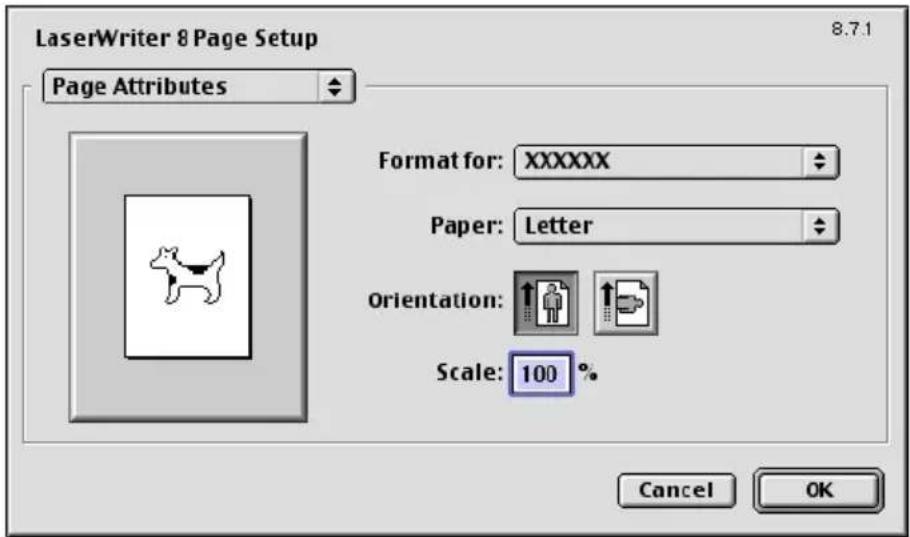 LaserWriter 8 Page Setup Page Attributes Format for: XXXXXX Paper: Letter Orientation: Scale: 100 % Cancel OK