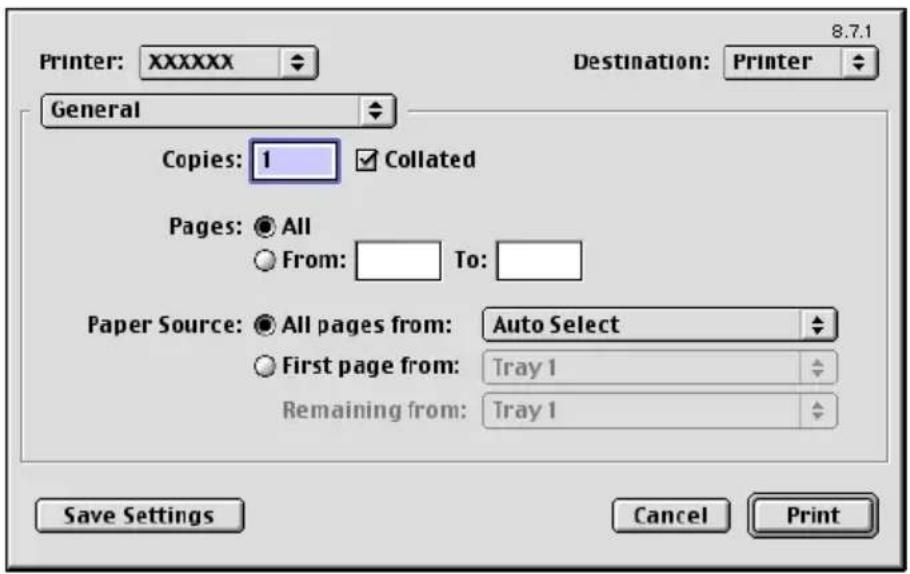 Printer: XXXXXX General Copies: 1 ✓ Collated Pages: All From: To: Paper Source: All pages from: Auto Select First page from: Tray 1 Remaining from: Tray 1 Save Settings Cancel Print Destination: Printer 8.7.1