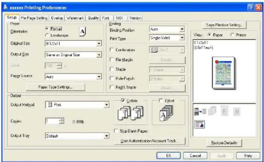 xxxxxx Printing Preferences Setup Per Page Setting Overlay Waemark Quality Font FAX Version Paper Orientation ● Font1 ○ Landscape A Original Size 8.1/2x11 Output Size Same as Original Size Zoom 100 % Paper Source:Auto Paper Type Settings... Binding Binding Position Auto Print Type Single-Sided Combination 2in-1 File Margin Details... Staple 1.Staple Hole-Punch 2.Holes Fold & Staple Details... Save/Restore Setting... View: ○ Paper ○ Printer 8.1/2x11 (8.5x11inch) Output Output Method Print Copies 1 (1-999) Output Tray Default Colate Offset Skip Blank Pages User Authentication/Account Track... Restore Defaults OK Cancel Apply Help
